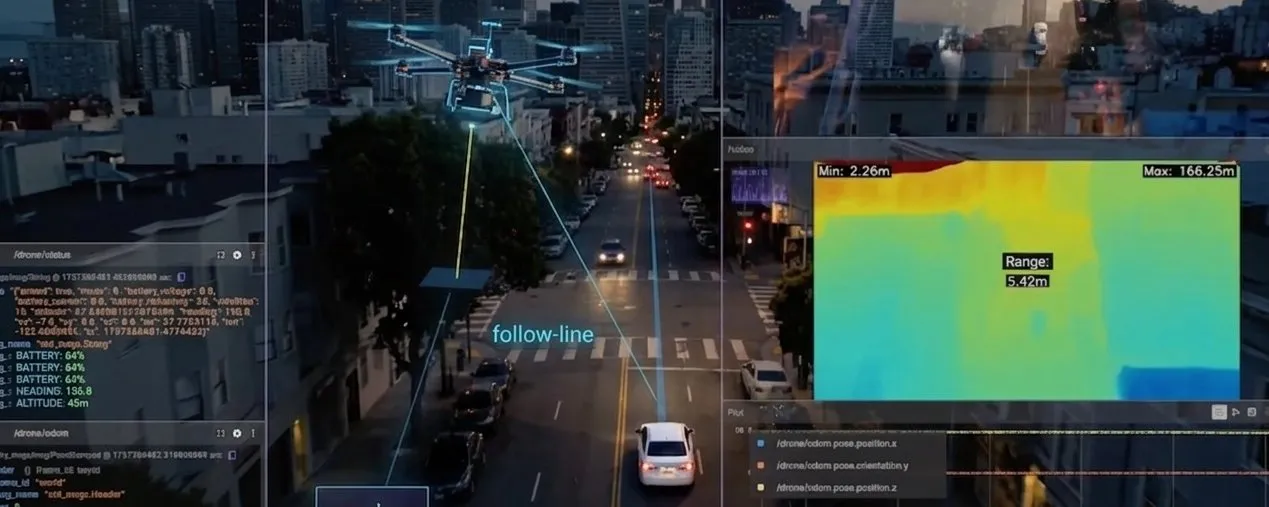 Drone following a white car through San Francisco traffic, with tracking overlays and a depth map