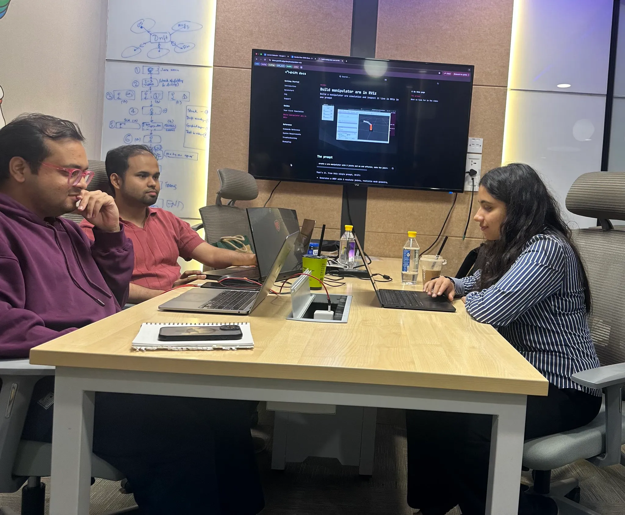 The Drift team working on the launch around a table, with the Drift docs on a screen behind them