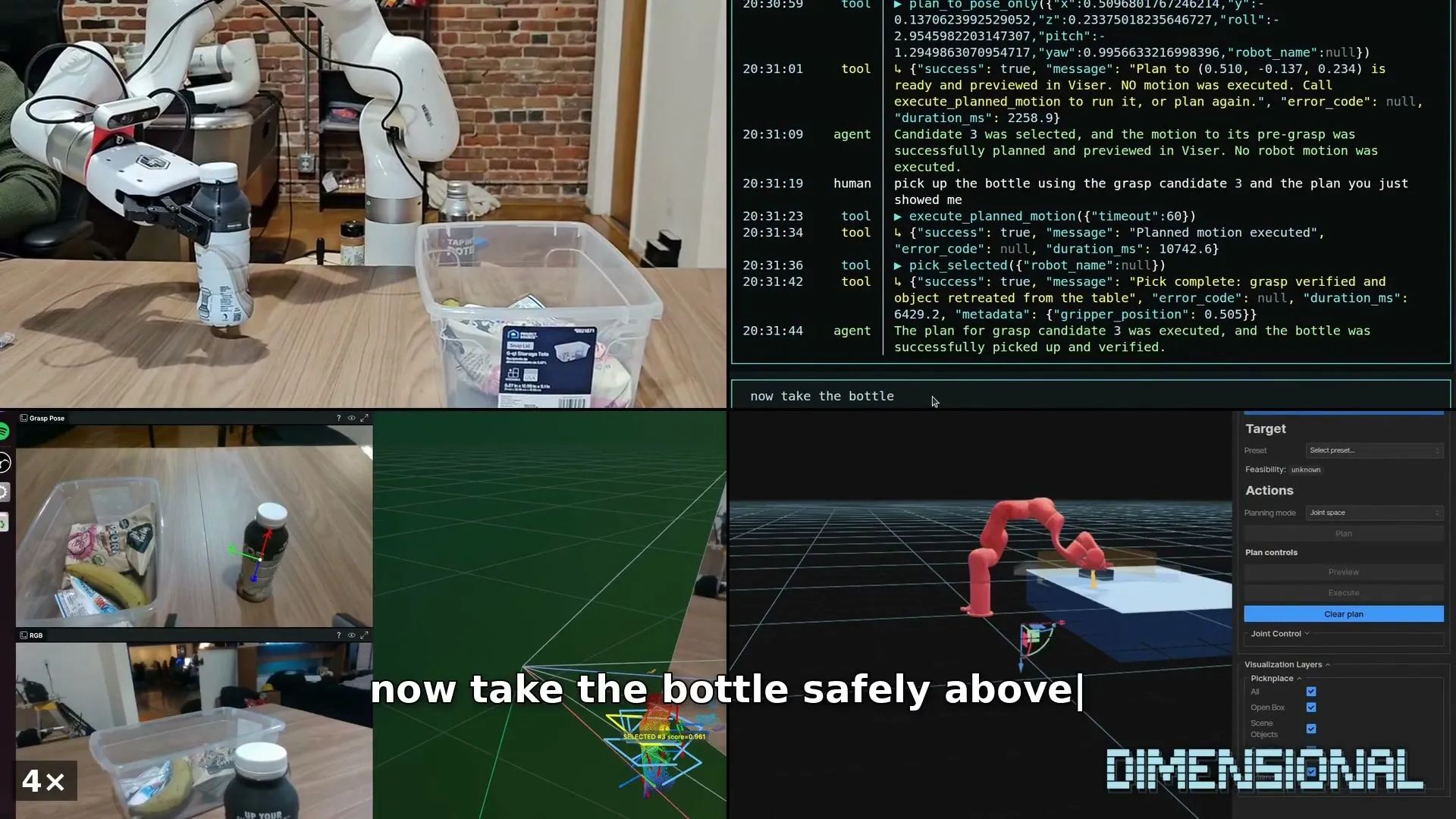 Video still of a robot arm picking up a protein bottle on command